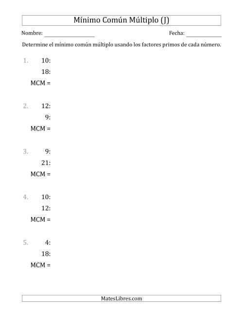 La hoja de ejercicios de Mínimo Común Múltiplo de Números hasta 25 (el MCM es distinto de los números y de su producto) (J)