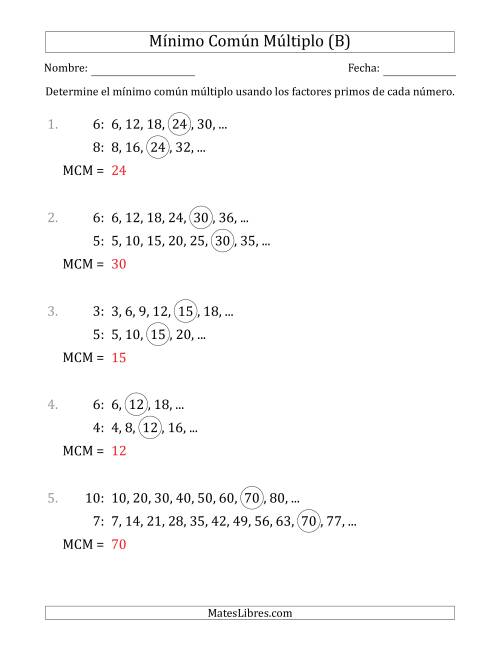 La hoja de ejercicios de Mínimo Común Múltiplo de Números hasta 10 (el MCM es distinto de los números) (B) Página 2