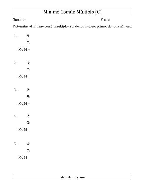 La hoja de ejercicios de Mínimo Común Múltiplo de Números hasta 10 (el MCM es distinto de los números) (C)