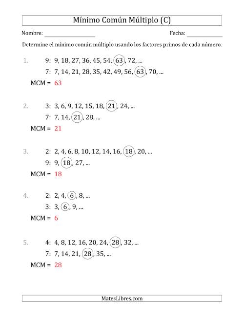 La hoja de ejercicios de Mínimo Común Múltiplo de Números hasta 10 (el MCM es distinto de los números) (C) Página 2
