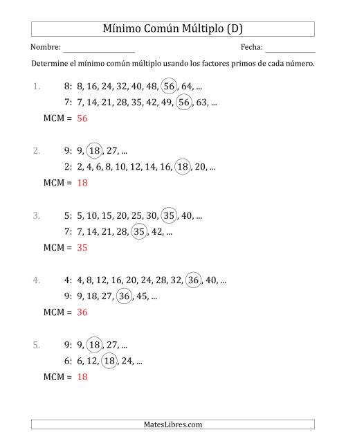 La hoja de ejercicios de Mínimo Común Múltiplo de Números hasta 10 (el MCM es distinto de los números) (D) Página 2