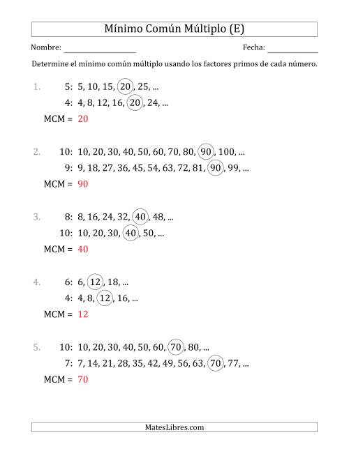 La hoja de ejercicios de Mínimo Común Múltiplo de Números hasta 10 (el MCM es distinto de los números) (E) Página 2
