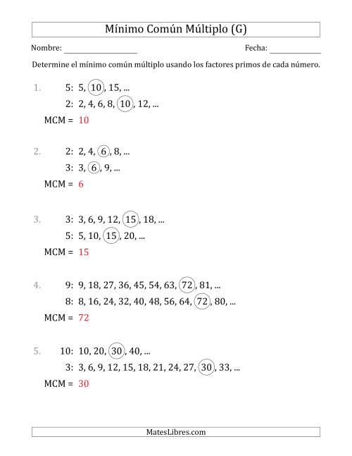 La hoja de ejercicios de Mínimo Común Múltiplo de Números hasta 10 (el MCM es distinto de los números) (G) Página 2