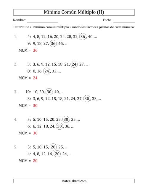 La hoja de ejercicios de Mínimo Común Múltiplo de Números hasta 10 (el MCM es distinto de los números) (H) Página 2
