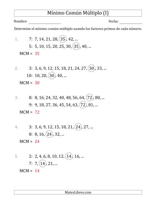 La hoja de ejercicios de Mínimo Común Múltiplo de Números hasta 10 (el MCM es distinto de los números) (I) Página 2