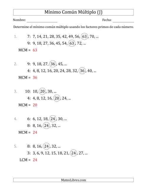 La hoja de ejercicios de Mínimo Común Múltiplo de Números hasta 10 (el MCM es distinto de los números) (J) Página 2