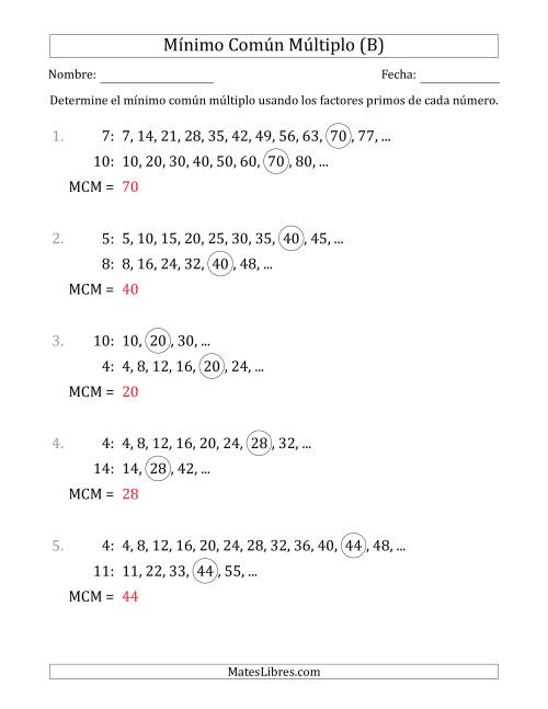 La hoja de ejercicios de Mínimo Común Múltiplo de Números hasta 15 (el MCM es distinto de los números) (B) Página 2