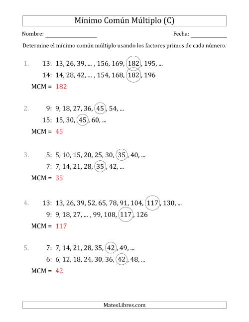 La hoja de ejercicios de Mínimo Común Múltiplo de Números hasta 15 (el MCM es distinto de los números) (C) Página 2