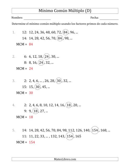 La hoja de ejercicios de Mínimo Común Múltiplo de Números hasta 15 (el MCM es distinto de los números) (D) Página 2