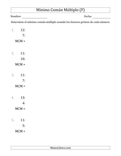 La hoja de ejercicios de Mínimo Común Múltiplo de Números hasta 15 (el MCM es distinto de los números) (F)