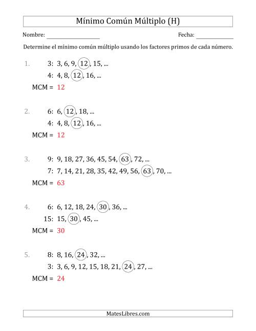 La hoja de ejercicios de Mínimo Común Múltiplo de Números hasta 15 (el MCM es distinto de los números) (H) Página 2
