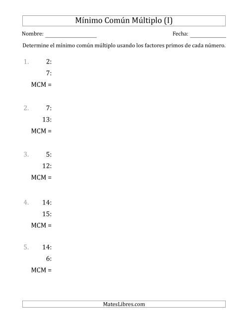 La hoja de ejercicios de Mínimo Común Múltiplo de Números hasta 15 (el MCM es distinto de los números) (I)