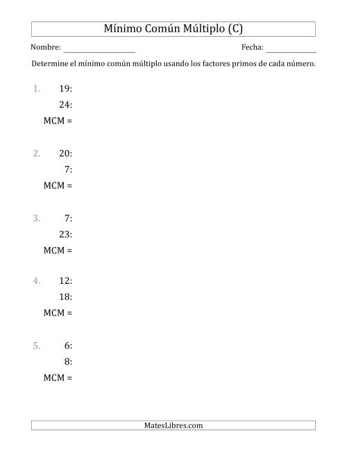 La hoja de ejercicios de Mínimo Común Múltiplo de Números hasta 25 (el MCM es distinto de los números) (C)