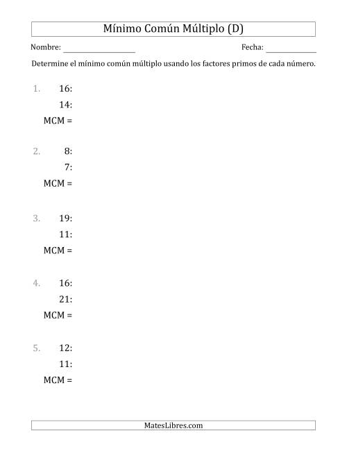 La hoja de ejercicios de Mínimo Común Múltiplo de Números hasta 25 (el MCM es distinto de los números) (D)