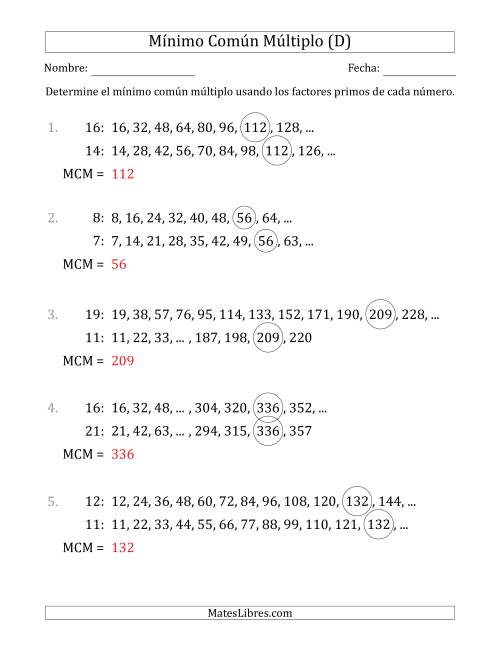 La hoja de ejercicios de Mínimo Común Múltiplo de Números hasta 25 (el MCM es distinto de los números) (D) Página 2
