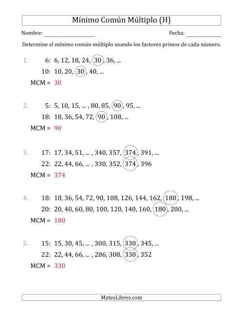 La hoja de ejercicios de Mínimo Común Múltiplo de Números hasta 25 (el MCM es distinto de los números) (H) Página 2
