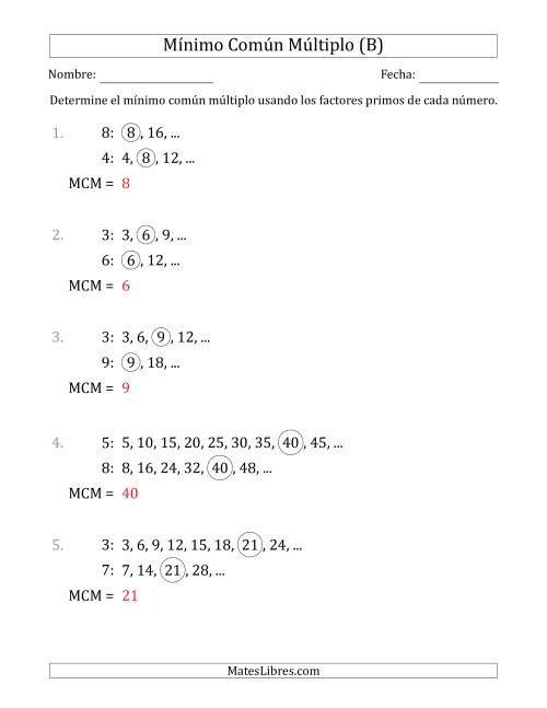 La hoja de ejercicios de Mínimo Común Múltiplo de Números hasta 10 (B) Página 2