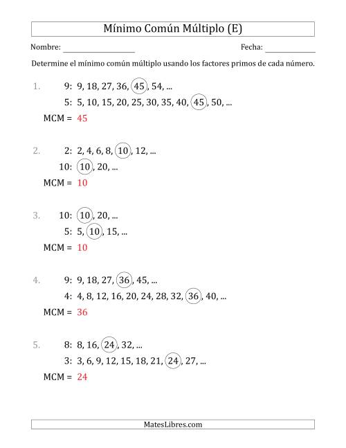 La hoja de ejercicios de Mínimo Común Múltiplo de Números hasta 10 (E) Página 2