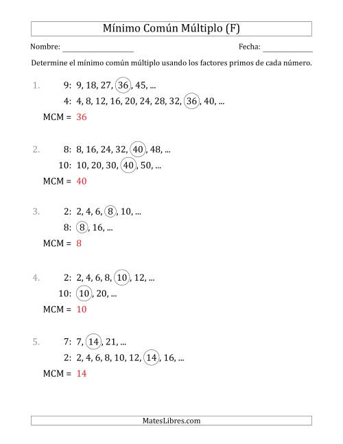 La hoja de ejercicios de Mínimo Común Múltiplo de Números hasta 10 (F) Página 2