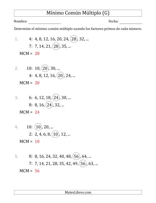 La hoja de ejercicios de Mínimo Común Múltiplo de Números hasta 10 (G) Página 2