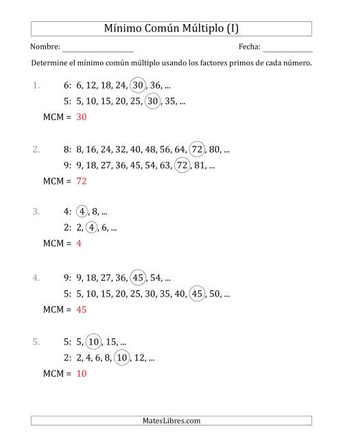 La hoja de ejercicios de Mínimo Común Múltiplo de Números hasta 10 (I) Página 2