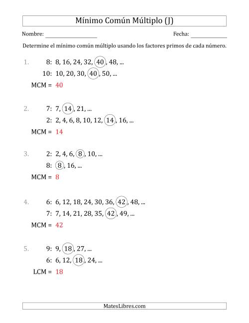 La hoja de ejercicios de Mínimo Común Múltiplo de Números hasta 10 (J) Página 2