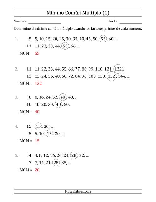 La hoja de ejercicios de Mínimo Común Múltiplo de Números hasta 15 (C) Página 2