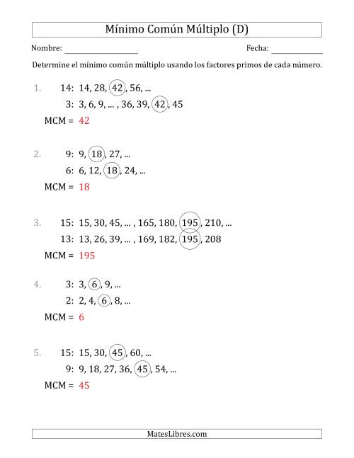 La hoja de ejercicios de Mínimo Común Múltiplo de Números hasta 15 (D) Página 2