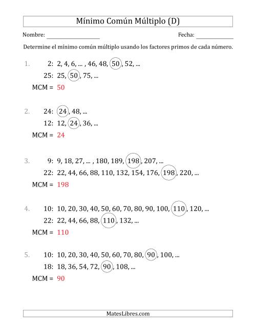 La hoja de ejercicios de Mínimo Común Múltiplo de Números hasta 25 (D) Página 2