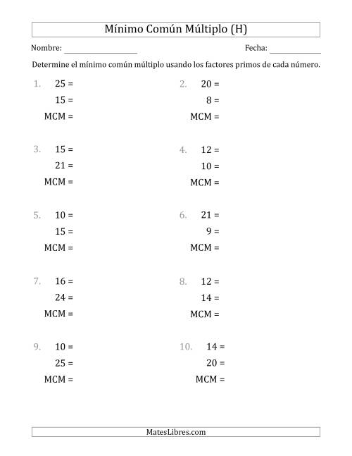 La hoja de ejercicios de Mínimo Común Múltiplo de Números hasta 25 con el MCM Desigual de los Números o de su Producto (H)