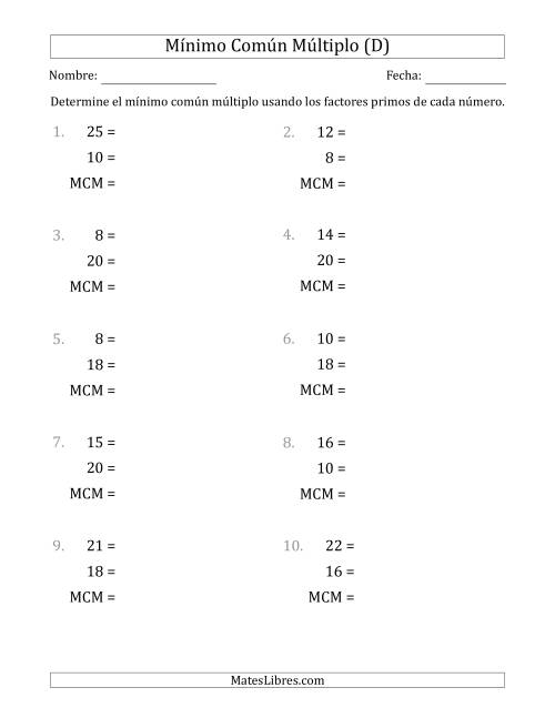La hoja de ejercicios de Mínimo Común Múltiplo de Números hasta 25 con el MCM Desigual de los Números o de su Producto (D)