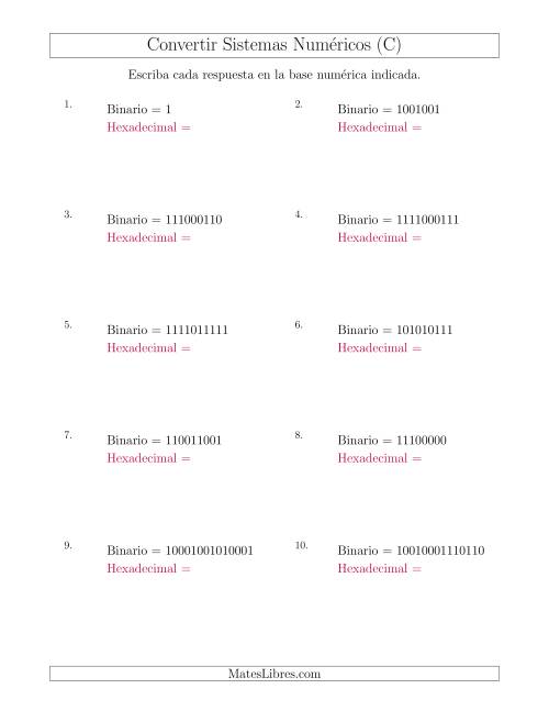 La hoja de ejercicios de Convertir del Sistema Binario al Sistema Hexadecimal (C)