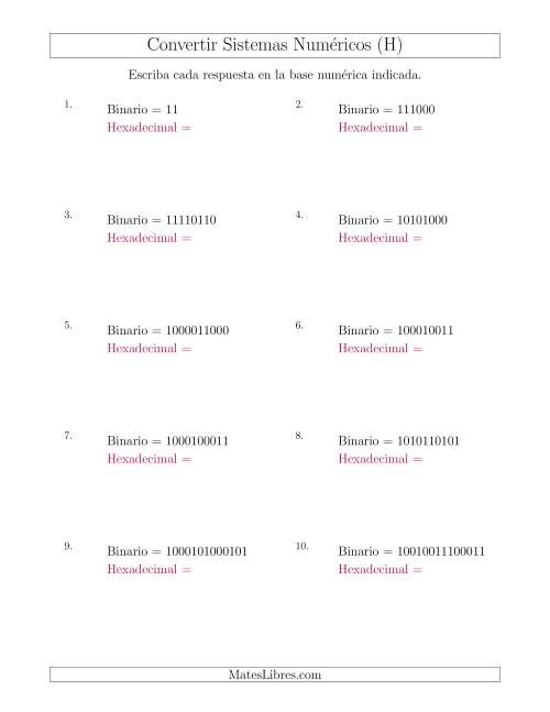 La hoja de ejercicios de Convertir del Sistema Binario al Sistema Hexadecimal (H)