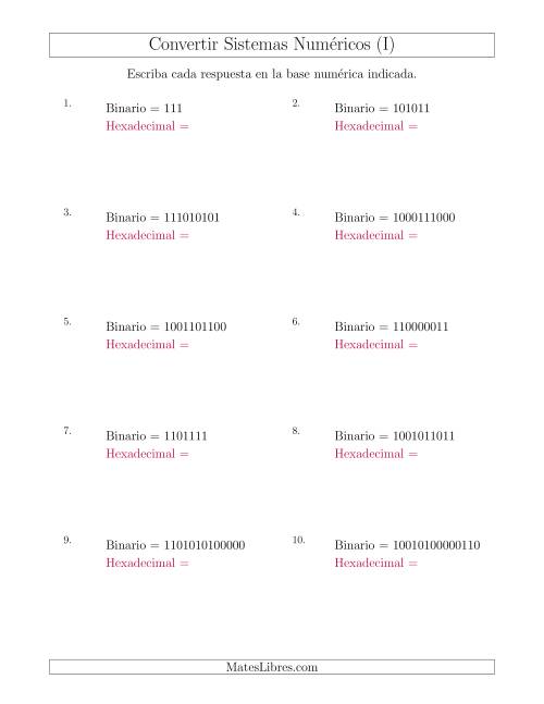 La hoja de ejercicios de Convertir del Sistema Binario al Sistema Hexadecimal (I)