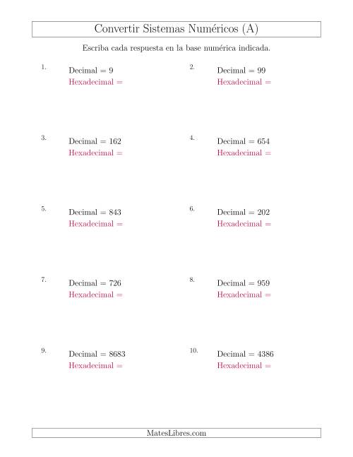 La hoja de ejercicios de Convertir del Sistema Decimal al Sistema Hexadecimal (A)