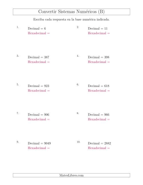 La hoja de ejercicios de Convertir del Sistema Decimal al Sistema Hexadecimal (B)