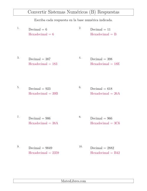 La hoja de ejercicios de Convertir del Sistema Decimal al Sistema Hexadecimal (B) Página 2
