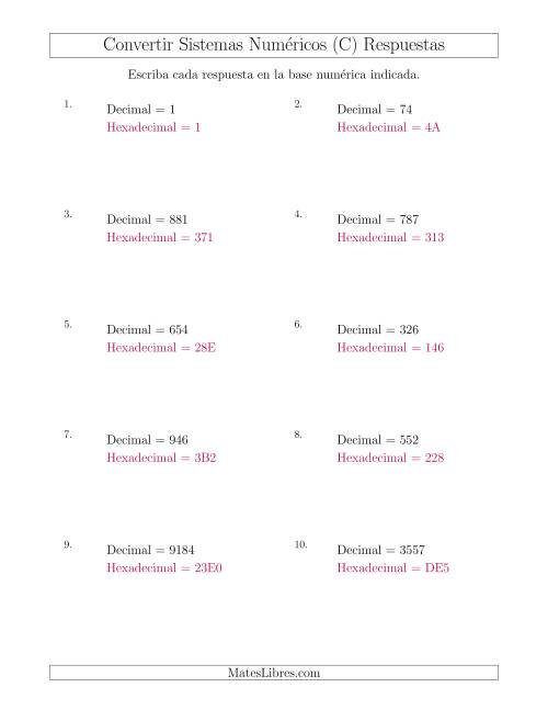 La hoja de ejercicios de Convertir del Sistema Decimal al Sistema Hexadecimal (C) Página 2