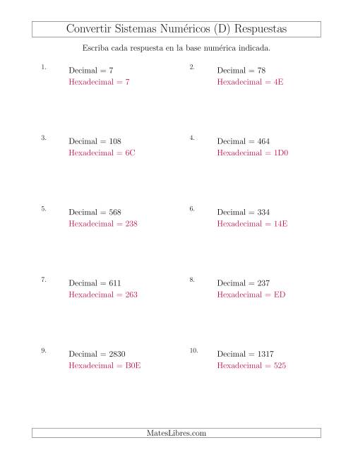 La hoja de ejercicios de Convertir del Sistema Decimal al Sistema Hexadecimal (D) Página 2