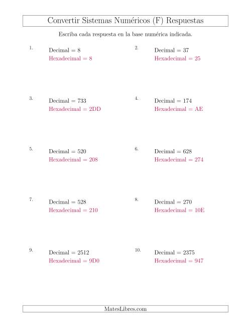 La hoja de ejercicios de Convertir del Sistema Decimal al Sistema Hexadecimal (F) Página 2