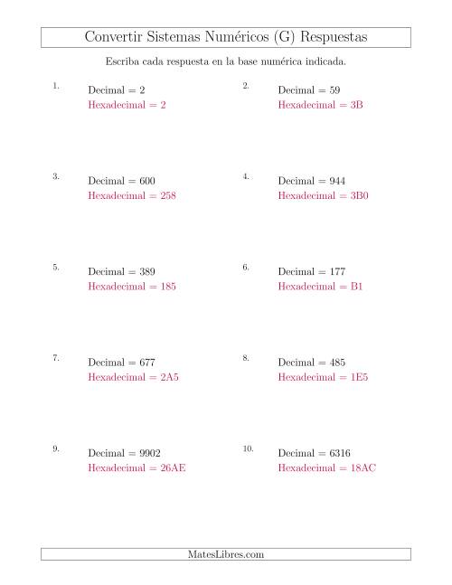 La hoja de ejercicios de Convertir del Sistema Decimal al Sistema Hexadecimal (G) Página 2