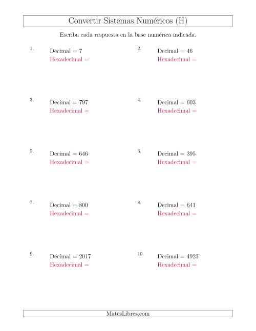 La hoja de ejercicios de Convertir del Sistema Decimal al Sistema Hexadecimal (H)