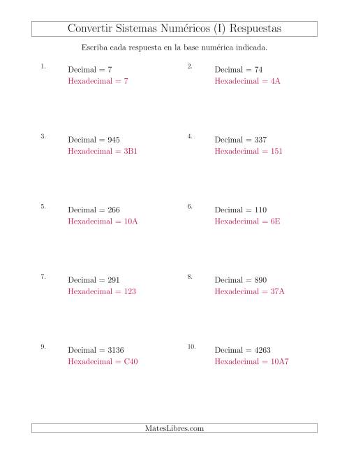 La hoja de ejercicios de Convertir del Sistema Decimal al Sistema Hexadecimal (I) Página 2