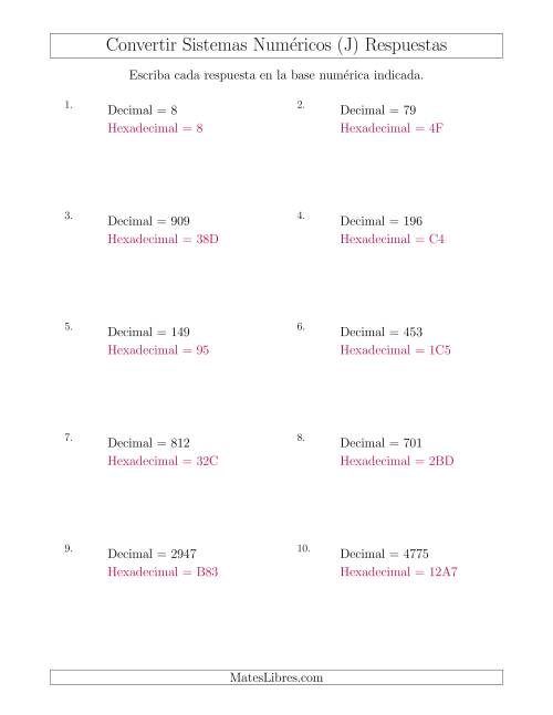 La hoja de ejercicios de Convertir del Sistema Decimal al Sistema Hexadecimal (J) Página 2