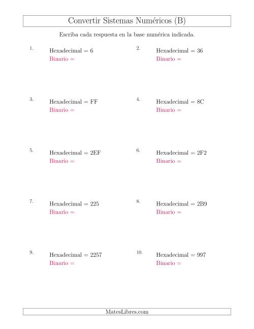 La hoja de ejercicios de Convertir del Sistema Hexadecimal al Sistema Binario (B)