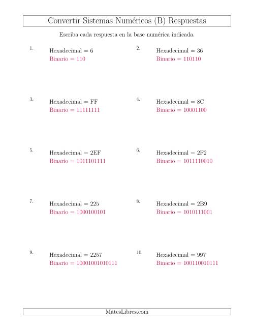 La hoja de ejercicios de Convertir del Sistema Hexadecimal al Sistema Binario (B) Página 2