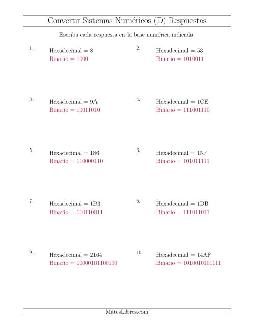La hoja de ejercicios de Convertir del Sistema Hexadecimal al Sistema Binario (D) Página 2