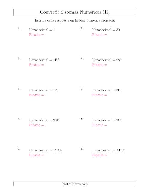 La hoja de ejercicios de Convertir del Sistema Hexadecimal al Sistema Binario (H)