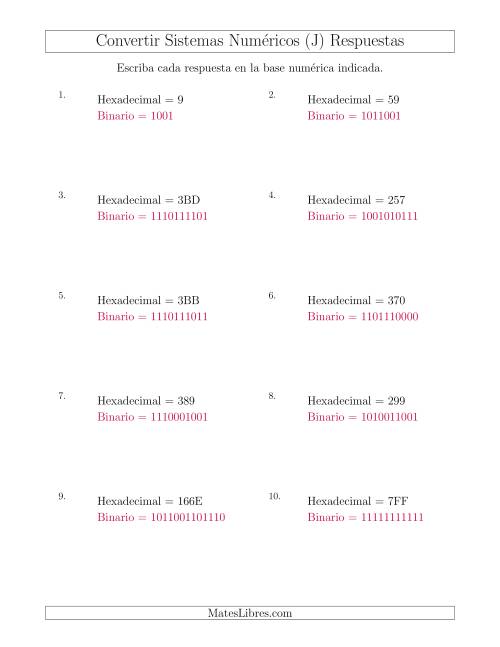 La hoja de ejercicios de Convertir del Sistema Hexadecimal al Sistema Binario (J) Página 2