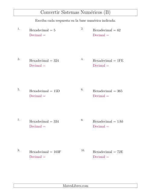 La hoja de ejercicios de Convertir del Sistema Hexadecimal al Sistema Decimal (B)